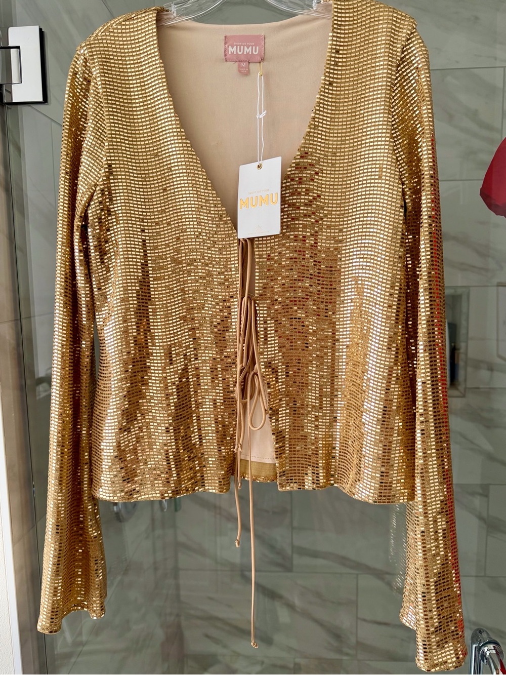 Show Me Your MuMu Gold Sequin Tie-Front Long Sleeve Top